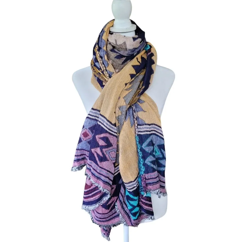 Blanket Scarf w Fringe Large Boho Western Colorful Aztec Pattern